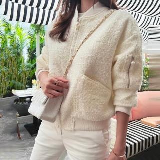 【baibeauty 白鳥麗子】小香風珍珠拉鍊口袋毛呢外套(拉鍊外套)
