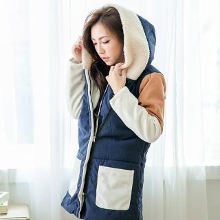 【良池】拼色刷毛羊羔毛連帽外套(加絨加厚口袋保暖開衫上衣)