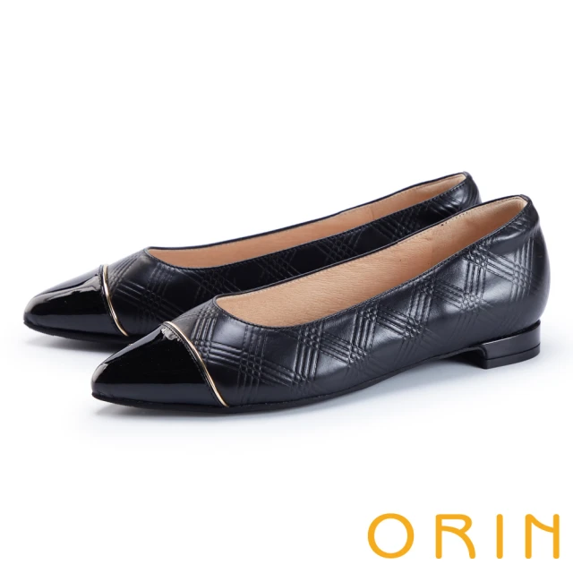 ORIN 菱格壓紋牛皮尖頭低跟鞋(黑色)優惠推薦