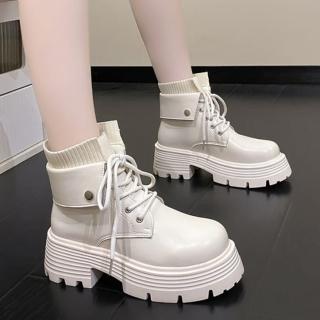 【baibeauty 白鳥麗子】韓風襪套拼接翻摺繫帶厚底短靴(馬汀靴)