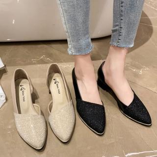【baibeauty 白鳥麗子】MIT優雅水鑽拼接側簍空低跟包鞋(尖頭鞋)