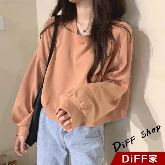 【D.studio】韓版復古色系寬鬆蝙蝠袖短版長袖上衣(短版上衣女裝衣服寬鬆上衣顯瘦上衣冬裝長袖t恤 W174)