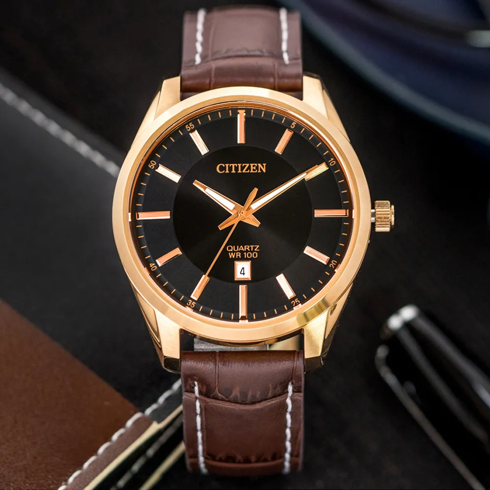 【CITIZEN 星辰】極簡紳士時尚石英真皮腕錶/咖啡x金框(BI1033-04E)