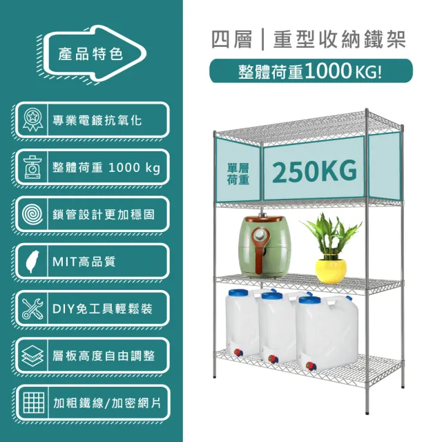 【KIWISH】鐵架MIT超耐重鎖管四層置物架120x60x180cm(鐵架/層架/置物架/貨架/四層架/鍍鉻架/防鏽架)