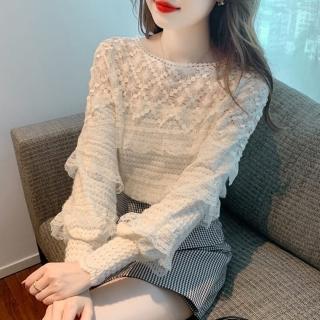 【baibeauty 白鳥麗子】復古蕾絲花邊層次圓領燈籠袖上衣(衣服)