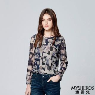 【MYSHEROS 蜜雪兒】彈性造型上衣 圓領微透膚袖 巖塊印花造型(灰)