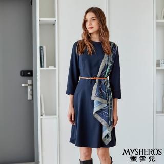 【MYSHEROS 蜜雪兒】附腰帶連身洋裝 領巾造型 多變造型設計(丈青)