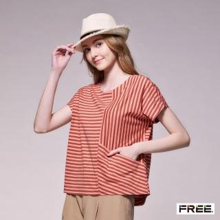 【FREE】有機草木條紋剪接口袋短袖上衣(咖啡)