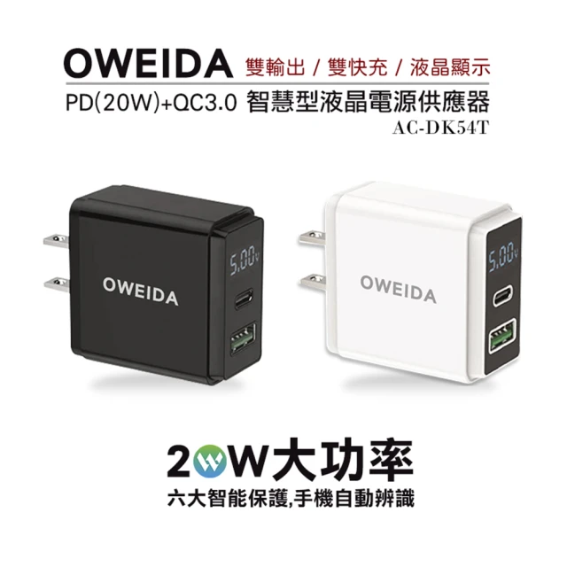 【Oweida】20W PD+QC3.0智慧型液晶電源顯示充電器 AC-DK54T