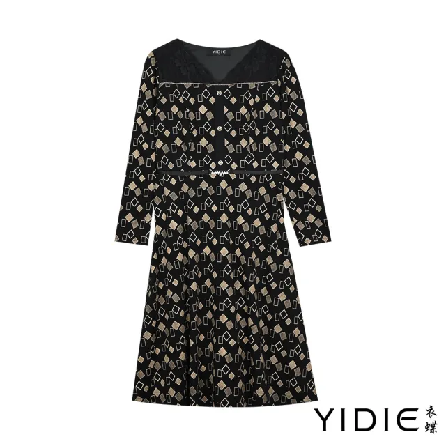 【YIDIE 衣蝶】幾何印花拼接蕾絲短洋裝-黑