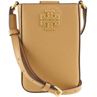 【TORY BURCH】BRITTEN奶茶色皮革簍空T LOGO手機斜背包