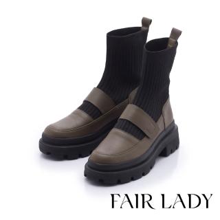 【FAIR LADY】小時光 瑪莉珍拼接厚底增高襪靴(橄欖綠、7A2780)