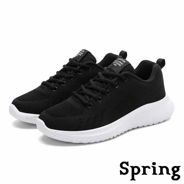 SPRINGSPRING 輕量運動鞋 透氣運動鞋/經典百搭純色飛織超輕量透氣休閒運動鞋(黑)