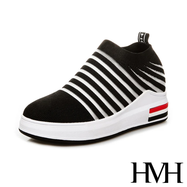 HMH 美腿內增高透氣網面飛織拼接時尚厚底休閒鞋(黑)評價推