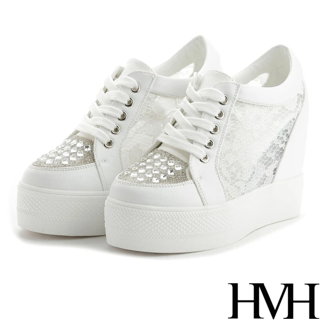 HMH 時尚璀璨方晶美鑽性感蕾絲厚底內增高美腿休閒鞋(白)好
