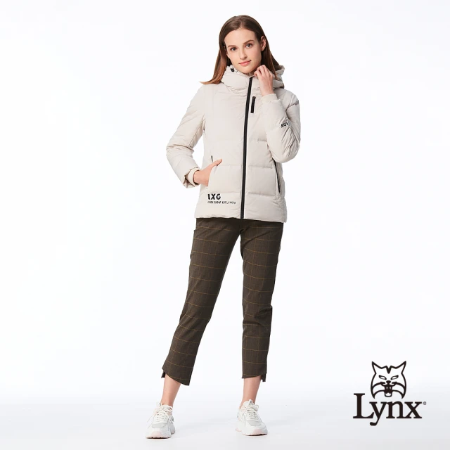 Lynx Golf 女款日本進口布料彈性舒適西褲造型開杈設計方格拉鍊口袋窄管八分褲(深卡其色)