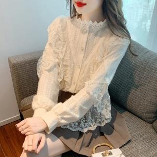 【baibeauty 白鳥麗子】韓版針織拼接蕾絲排釦立領襯衫(上衣)