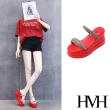 【HMH】坡跟拖鞋 厚底拖鞋 一字拖鞋/閃耀華麗一字鑽帶造型坡跟厚底拖鞋(紅)