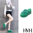 【HMH】坡跟拖鞋 厚底拖鞋 交叉拖鞋/縷空寬版交叉帶坡跟厚底拖鞋(綠)