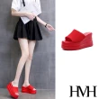 【HMH】坡跟拖鞋 厚底拖鞋/舒適彈力飛織布面厚底坡跟拖鞋(紅)