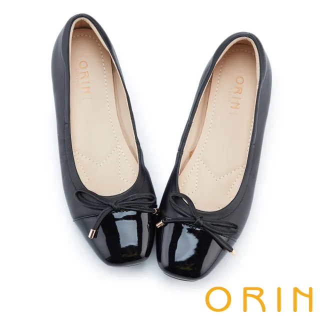 【ORIN】異材質拼接蝴蝶結真皮方頭平底鞋(黑色)