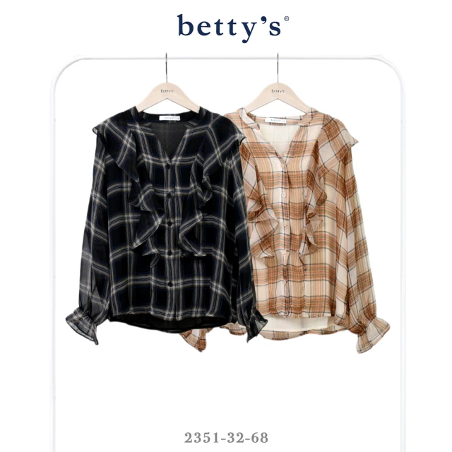 betty’s 貝蒂思 雪紡格紋荷葉邊V領襯衫(共二色)