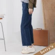 【betty’s 貝蒂思】高腰鬆緊雙排釦鬚邊牛仔寬褲(深藍色)