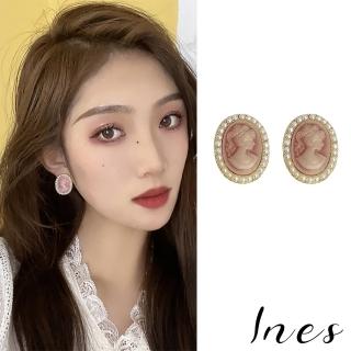 【INES】韓國設計粉色仙氣人像珍珠圓型夾式耳環(無耳洞耳環 耳夾 夾式耳環 人像耳環 珍珠耳環)