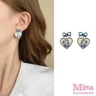 【MISA】韓國設計可愛撞色愛心小熊造型夾式耳環(無耳洞耳環 耳夾 夾式耳環 愛心耳環 小熊耳環)