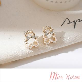 【MISS KOREA】微鑲珍珠三角鋯石蝴蝶結小熊造型夾式耳環(無耳洞耳環 耳夾 夾式耳環 珍珠耳環 蝴蝶結耳環)