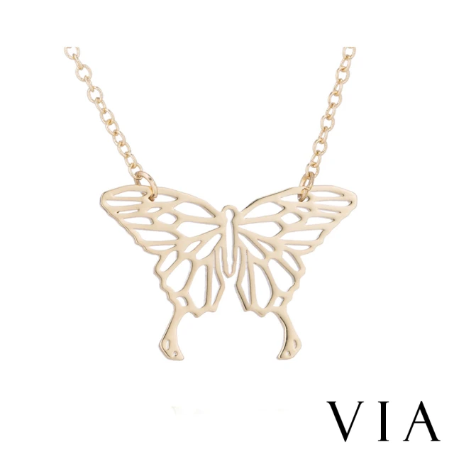 【VIA】白鋼項鍊 縷空項鍊/昆蟲系列 縷空線條典雅蝴蝶造型白鋼項鍊(金色)