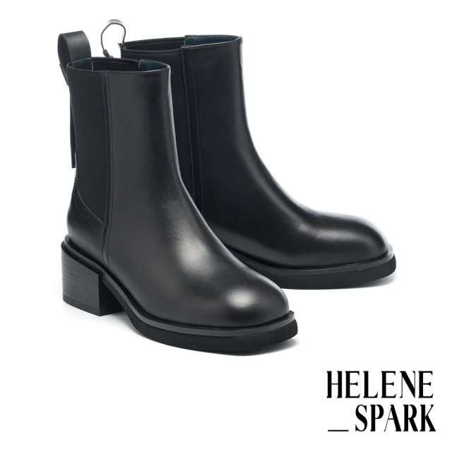 HELENE_SPARK 率性內斂鬆緊帶拼接牛皮方頭高跟短靴(黑)