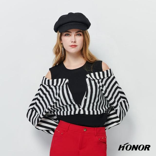 【HONOR 山形屋】假兩件露肩條紋上衣(MOMO獨家限定)