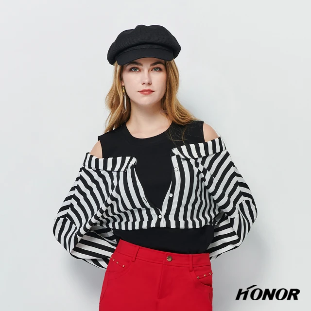 HONOR 山形屋 假兩件露肩條紋上衣(MOMO獨家限定)