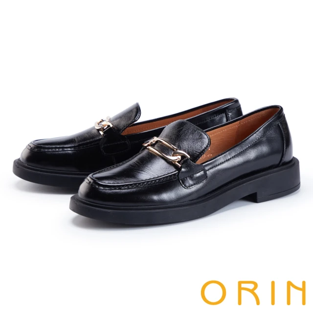 ORINORIN 金屬鍊釦真皮樂福平底鞋(黑色)