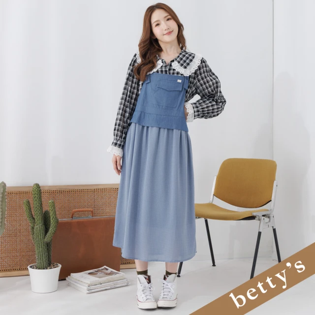 betty’s 貝蒂思 假兩件吊帶牛仔細格洋裝(淺藍)