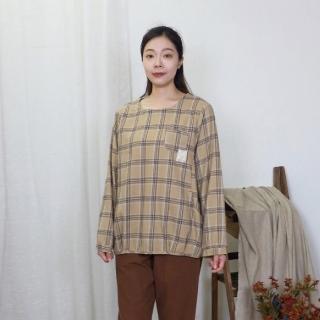 【Hana Mokuba】花木馬日系女裝弧形口袋圓領休閒格紋上衣(上衣)