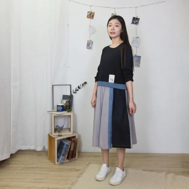 【Hana Mokuba】花木馬日系女裝不對稱面料拼接圓領休閒洋裝(連身裙)