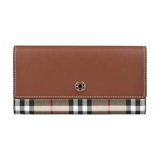 【BURBERRY 巴寶莉】BURBERRY HALTON VINTAGE壓印字母LOGO牛皮拼接格紋PVC 12卡釦式長夾(奶茶棕)