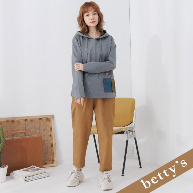 【betty’s 貝蒂思】腰鬆緊抽繩拼色刺繡休閒長褲(咖啡色)