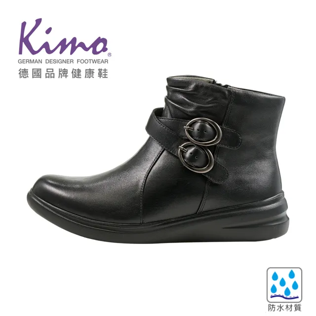 【Kimo】專利防水-都市率性牛皮雙圓扣造型拉鍊機能靴(黑色 KBCWF071563)