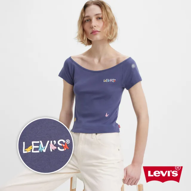 【LEVIS 官方旗艦】女款 修身短版T恤 / 蝴蝶、小花Logo刺繡 靛藍 熱賣單品 A6065-0001