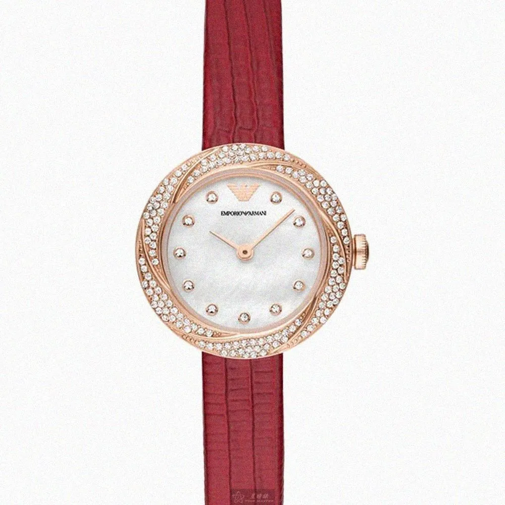 【EMPORIO ARMANI】ARMANI阿曼尼女錶型號AR00045(貝母錶面玫瑰金錶殼紅真皮皮革錶帶款)