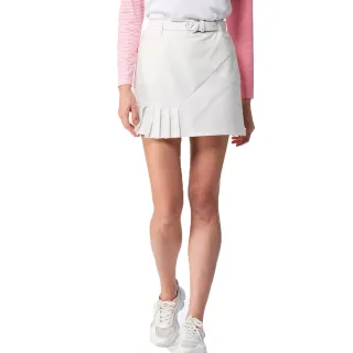【Lynx Golf】女款日本進口布料彈性舒適不對稱下擺百褶後袋剪接織帶繡花造型休閒短裙(白色)
