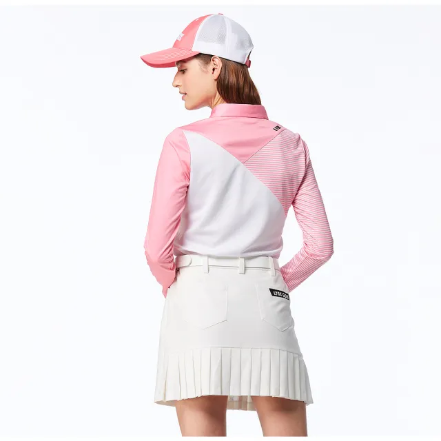 【Lynx Golf】女款日本進口布料彈性舒適不對稱下擺百褶後袋剪接織帶繡花造型休閒短裙(白色)