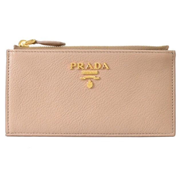 PRADA 普拉達 經典LOGO小羊皮信用卡名片手拿包零錢包(駝色 大款)