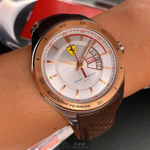 【Ferrari 法拉利】雙11FERRARI法拉利男錶型號FE00066(白色錶面玫瑰金錶殼咖啡色真皮皮革錶帶款)