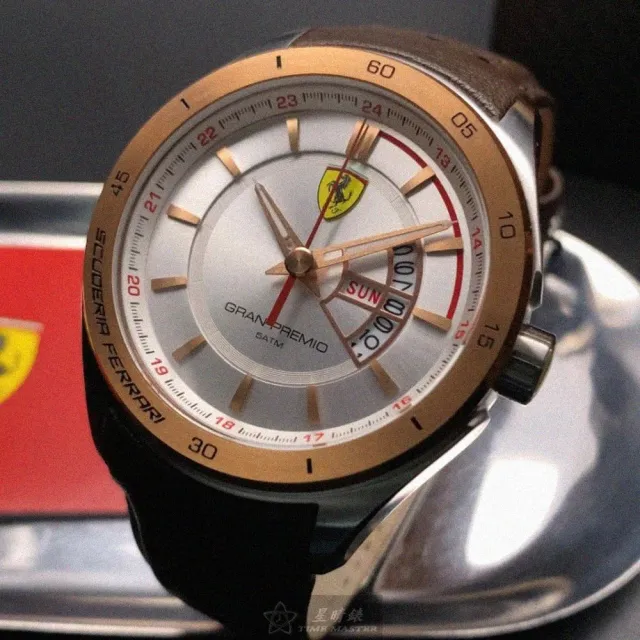 【Ferrari 法拉利】FERRARI法拉利男錶型號FE00066(白色錶面玫瑰金錶殼咖啡色真皮皮革錶帶款)