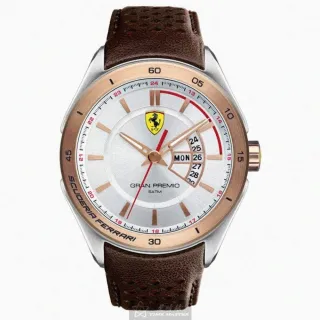 【Ferrari 法拉利】FERRARI手錶型號FE00066(白色錶面玫瑰金錶殼咖啡色真皮皮革錶帶款)