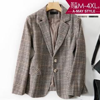 【艾美時尚】現貨 中大尺碼女裝 外套 休閒百搭格紋西裝外套。M-4XL(2色)